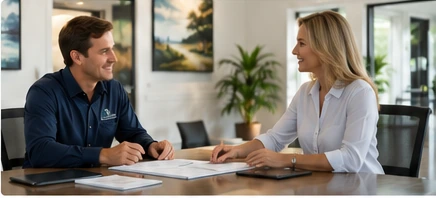 A Coastal Guardian representative discussing a customized property care plan with a homeowner