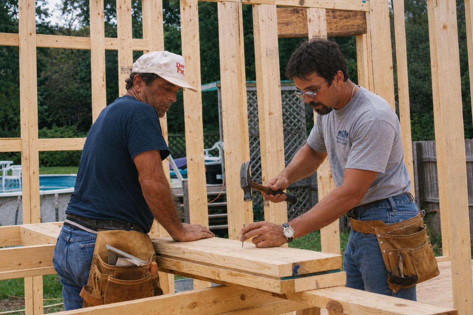 Father and son building a framed home together